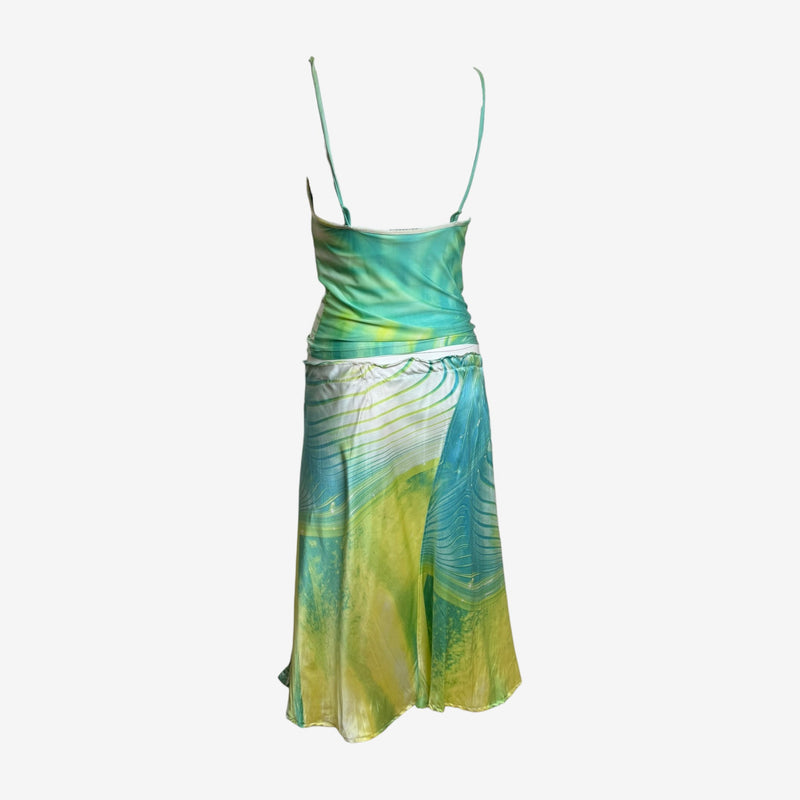Psychedelic print camisole and skirt ensemble by Roberto Cavalli, full-length view with asymmetrical hem