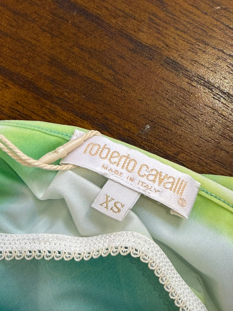Roberto Cavalli psychedelic print skirt detail, scalloped lace trim on pale green silk lining