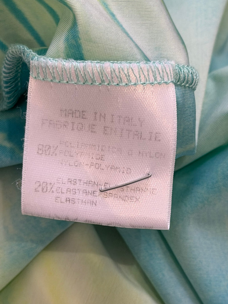 Turquoise to chartreuse gradient wave print detail on Roberto Cavalli S/S 2001 ensemble fabric