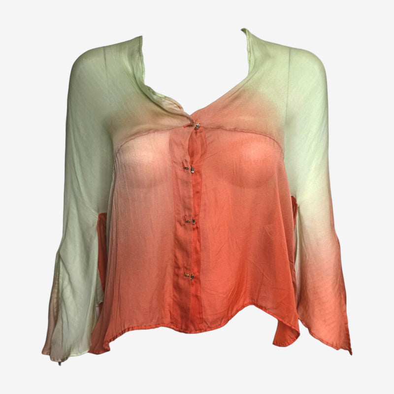Gradient silk georgette blouse by Roberto Cavalli, mint to terracotta ombre with asymmetrical hem