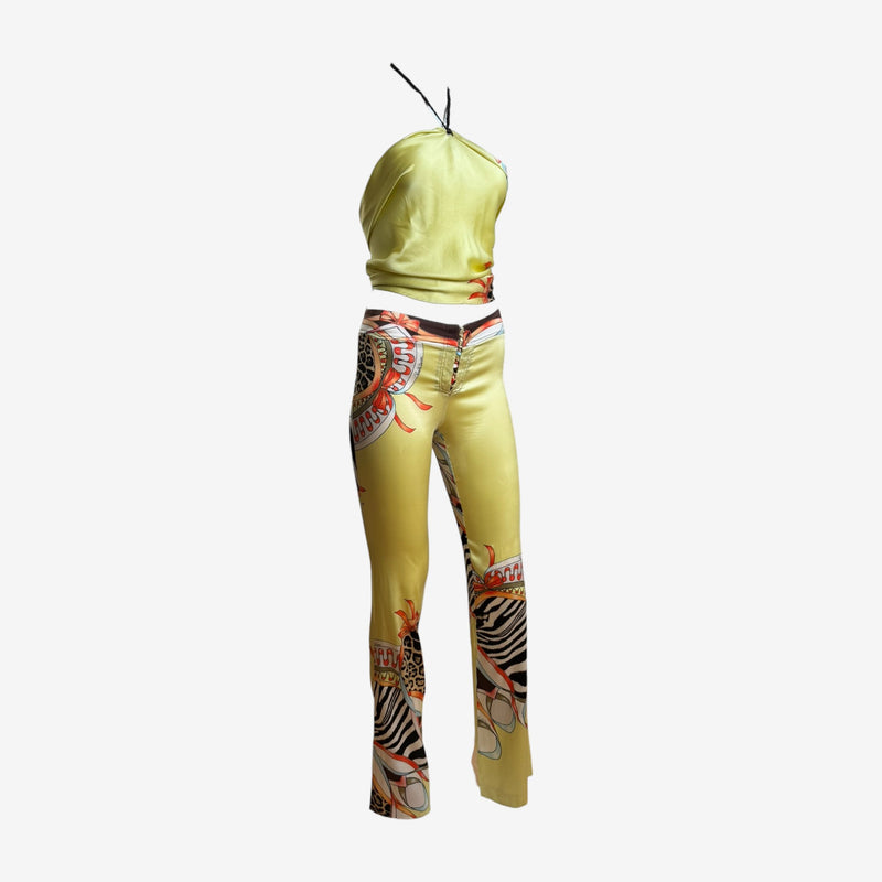 Yellow silk halter top by Roberto Cavalli, backless wraparound construction, tropical print detail