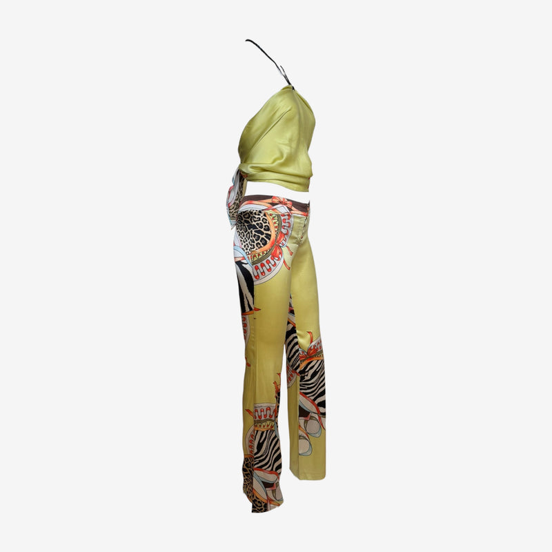 Roberto Cavalli tropical print silk ensemble, yellow with red orange black and white accents