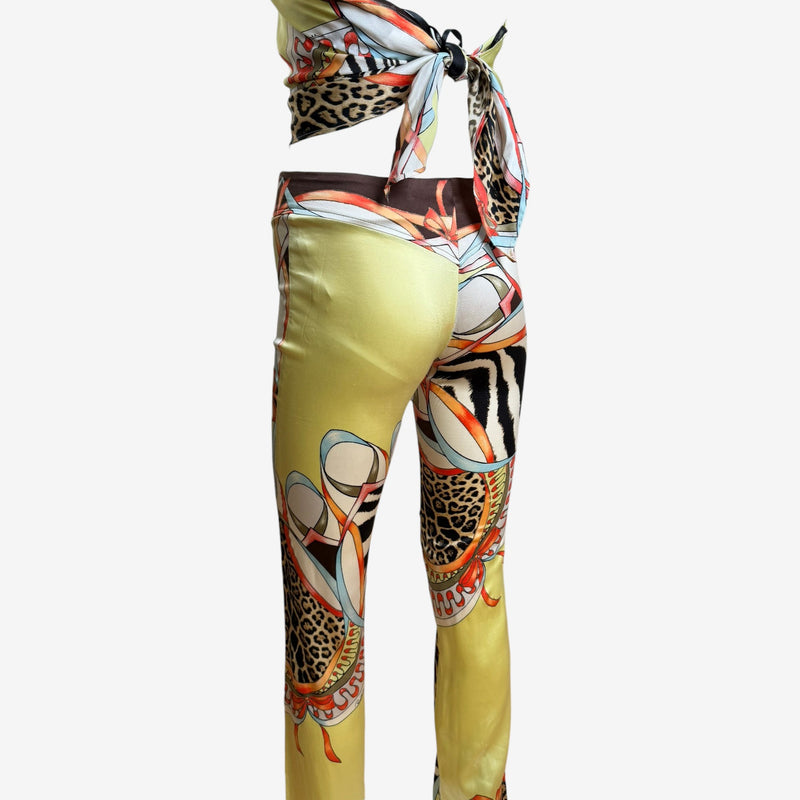 Roberto Cavalli halter top, yellow silk with tropical flower and animal print, backless design