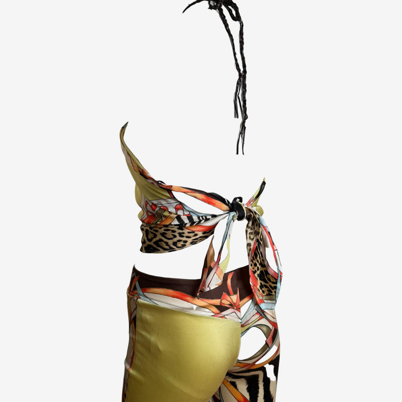 Yellow silk halter ensemble by Roberto Cavalli S/S 2004, full length view with matching print
