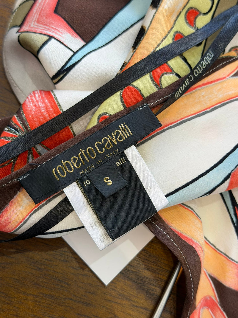 Roberto Cavalli yellow silk pants detail, tropical print with leopard spots and floral elements