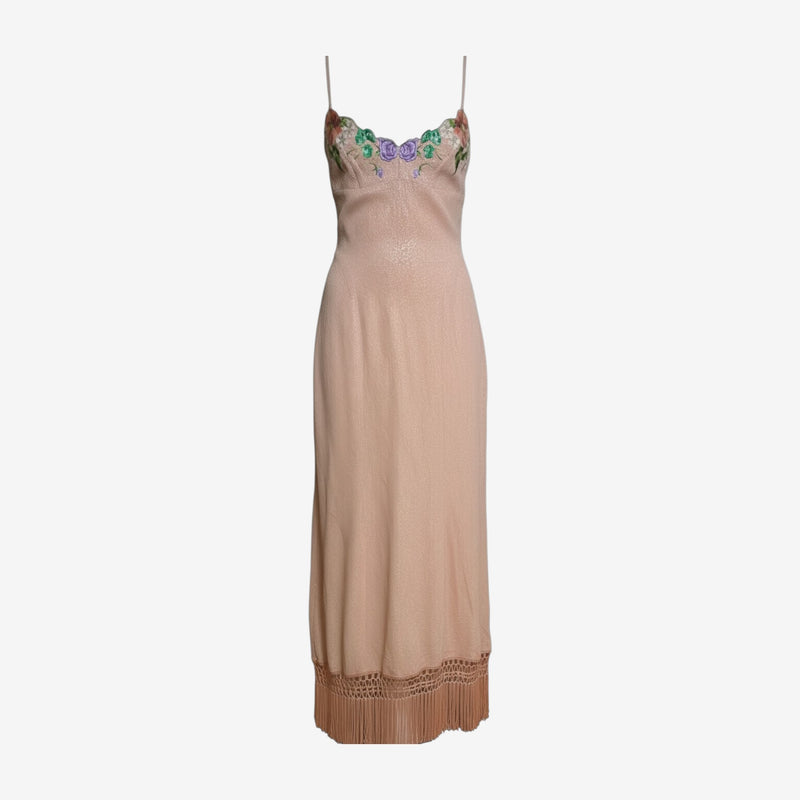 Champagne silk slip dress by Lolita Lempicka, hand-embroidered floral detail at bust