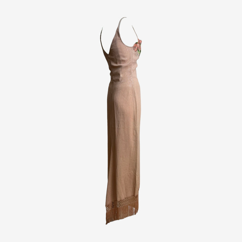 Bias-cut slip dress with geometric lace trim and matching silk fringe at hem
