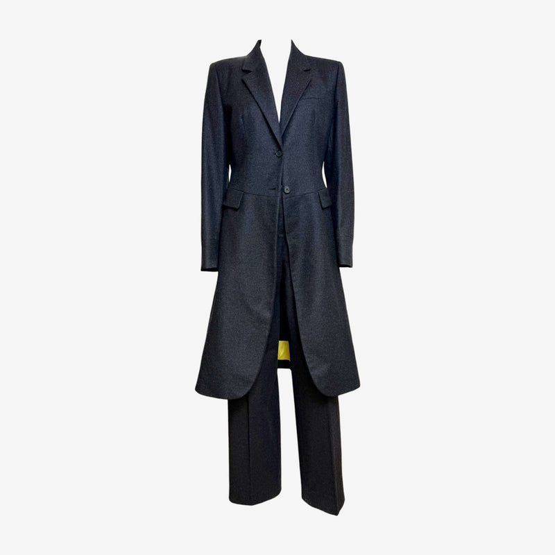 Charcoal grey cashmere tailcoat by Alexander McQueen, F/W 2000, front view with peaked lapels