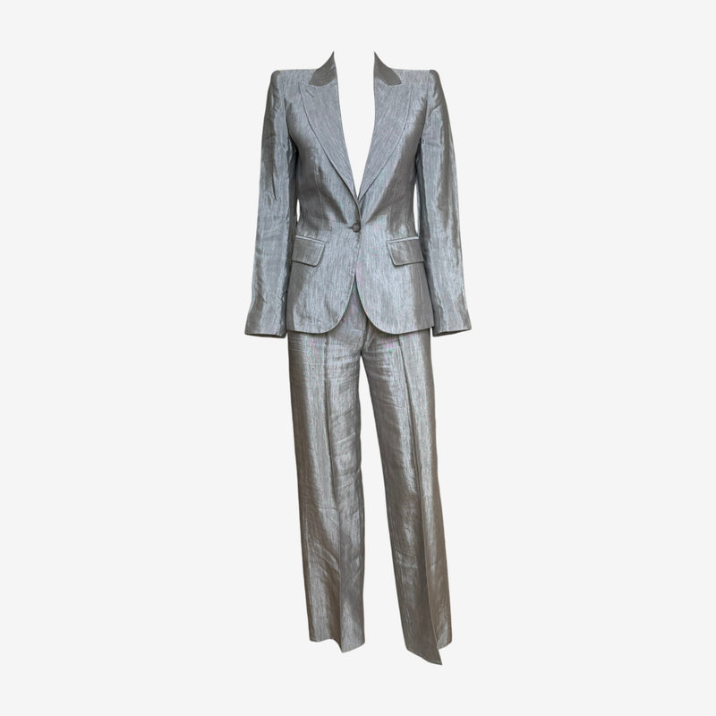Grey iridescent wool suit by Alexander McQueen, single-breasted blazer with notched lapels and fitted silhouette
