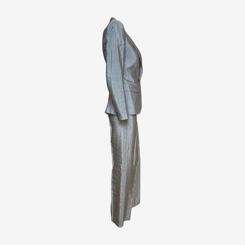Alexander McQueen suit jacket back, fitted silhouette with pressed seams and iridescent grey wool fabric