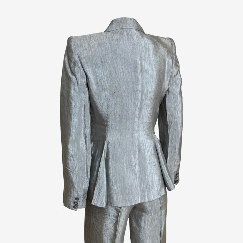 Alexander McQueen suit jacket interior lining in sage green silk with monogram pattern