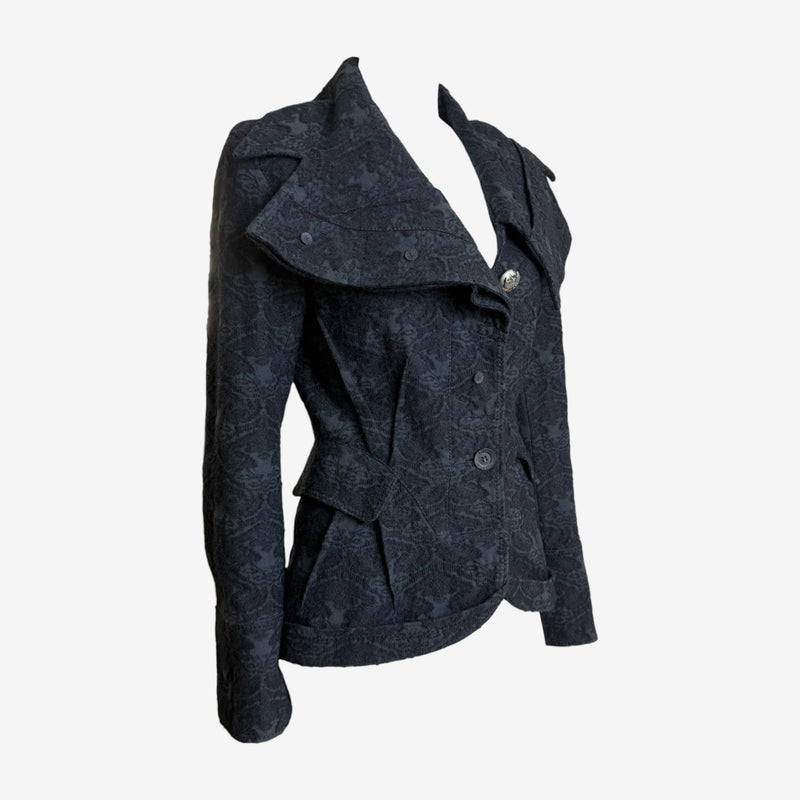 Black jacquard blazer by John Galliano, angled front view showing fitted silhouette