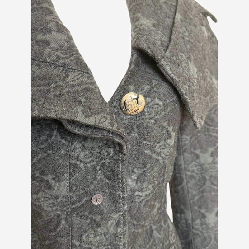 Black jacquard blazer by John Galliano, lapel and button detail