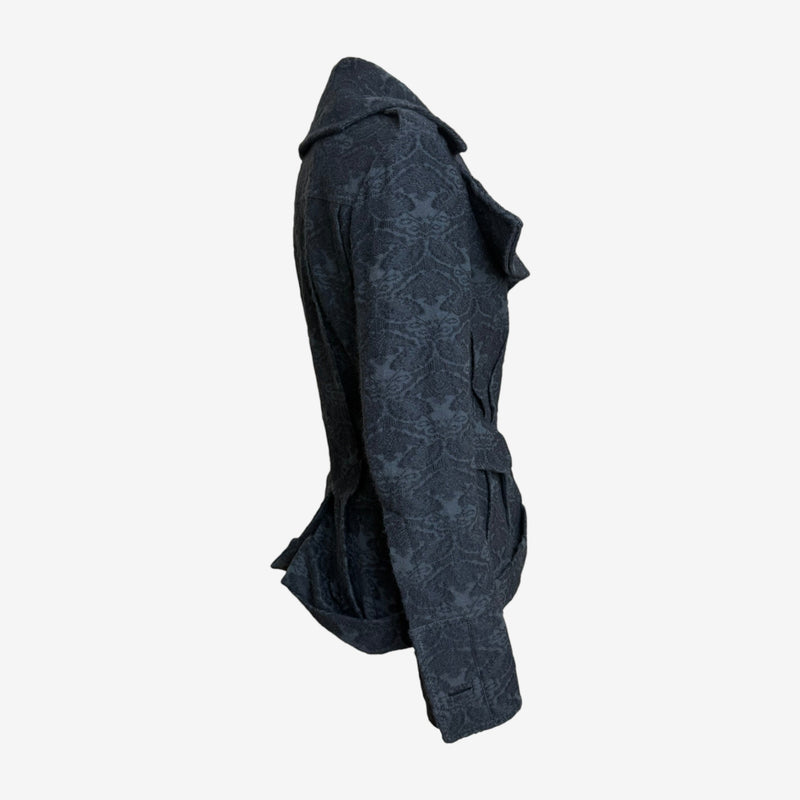 Black jacquard blazer by John Galliano, side profile with padded shoulders