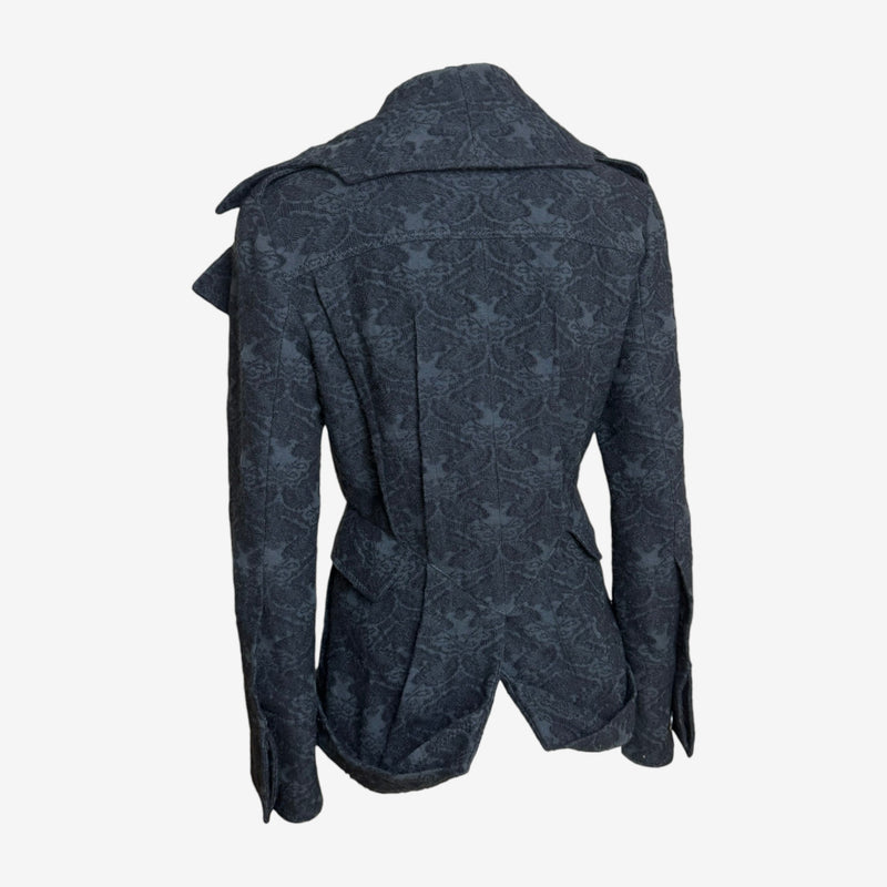 Black jacquard blazer by John Galliano, back view showing fitted waist suppression