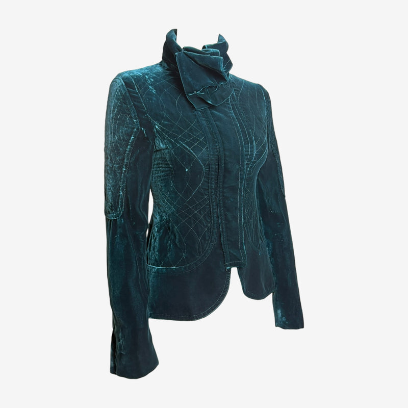 Deep green velvet jacket by Tom Ford, fitted silhouette with curved seaming