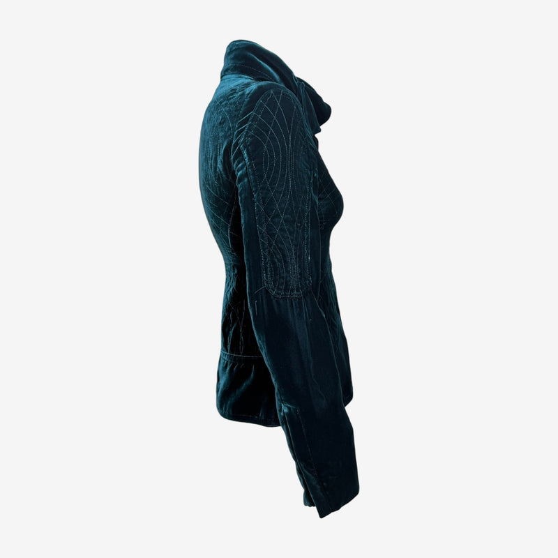 Green velvet riding jacket, back view showing quilted topstitching
