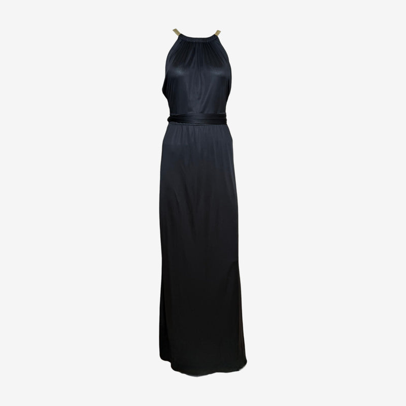 Black jersey halter gown by Gucci, full-length column silhouette with empire waistline