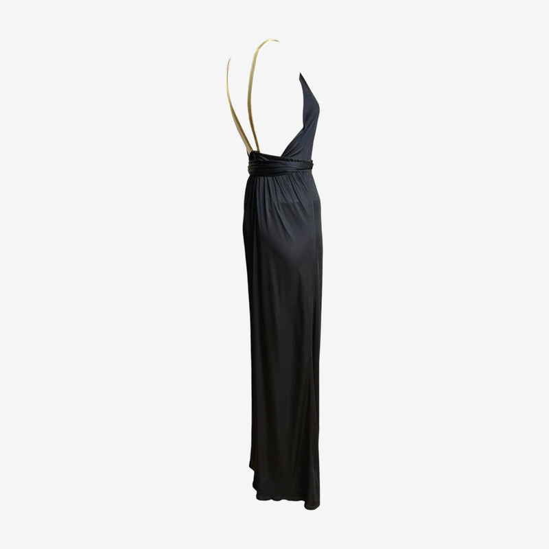 Black jersey halter gown by Gucci, back detail showing open back design with adjustable ties