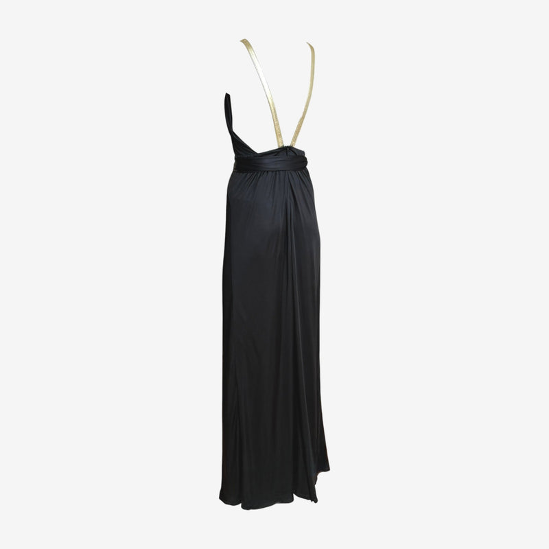 Black jersey halter gown by Gucci, back view showing wrapped sash belt and open back