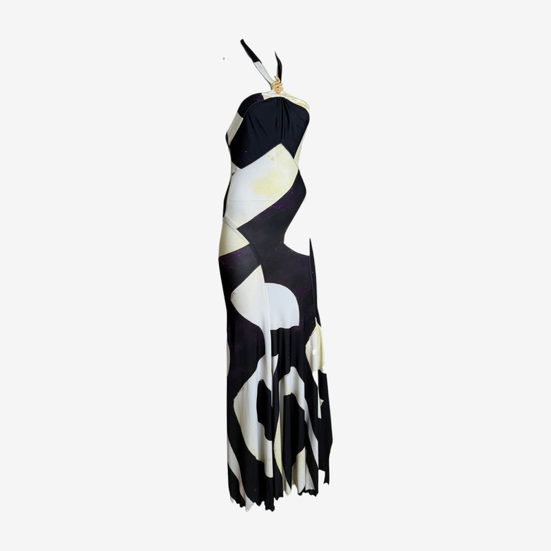 Roberto Cavalli halter gown, front view showing geometric print and adjustable tie straps
