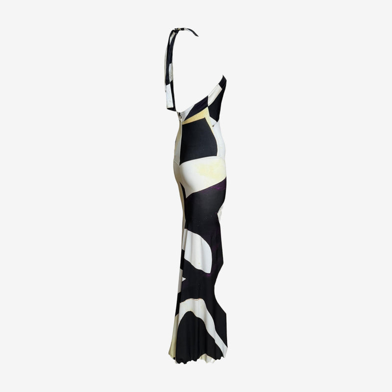 Side view of Roberto Cavalli gown, pale yellow and black abstract pattern on silk jersey