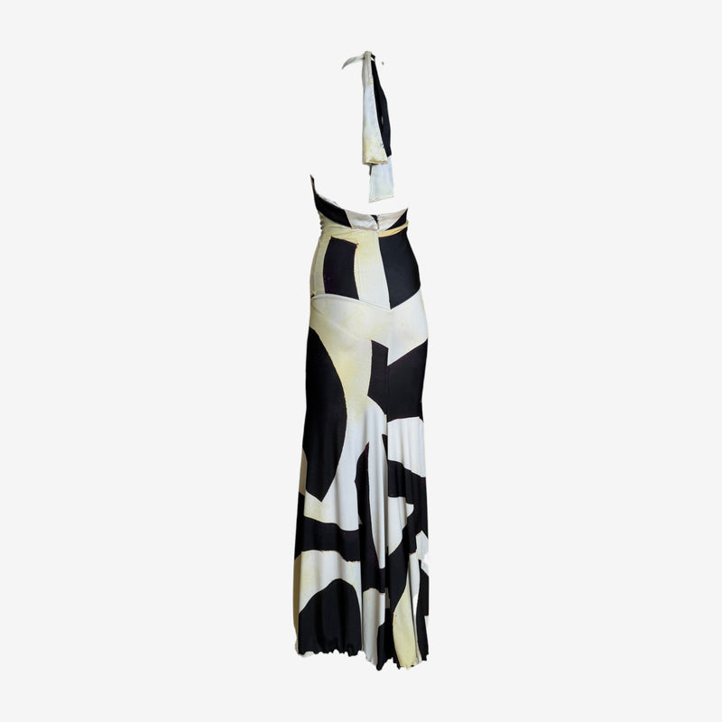 Back detail of Roberto Cavalli halter gown, godet panel construction at floor-length hem