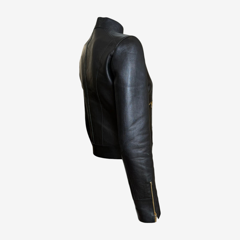 Black leather moto jacket front view with stand collar and chest pockets