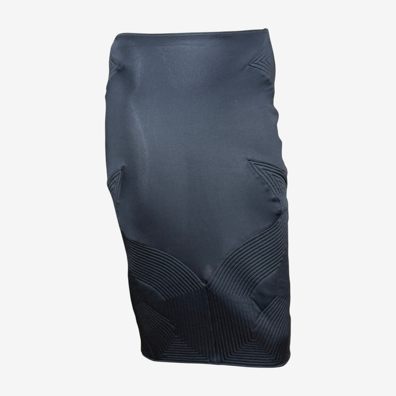 Black quilted pencil skirt by Yves Saint Laurent Tom Ford, geometric chevron topstitching detail