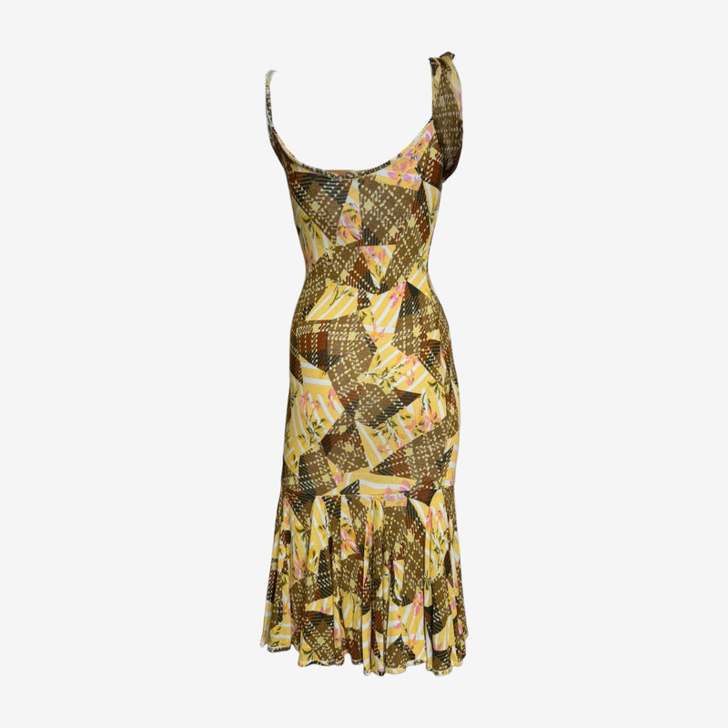 Printed silk jersey dress by John Galliano, full length view with draped cowl neckline