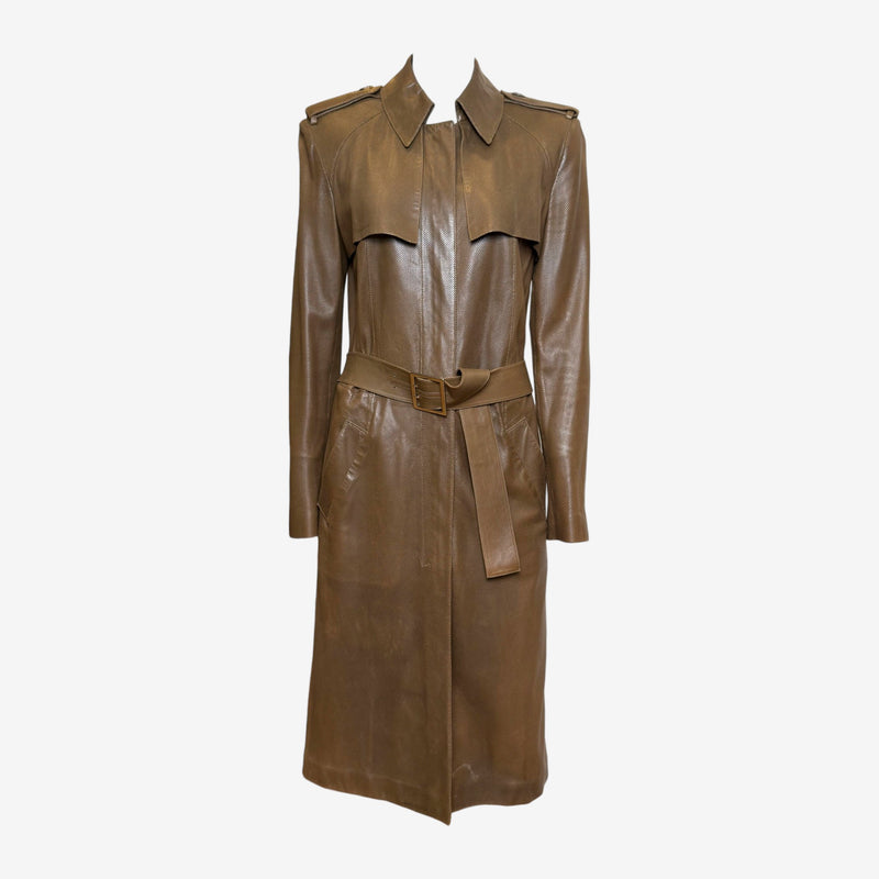 Gucci by Tom Ford F/W 2002 Brown Perforated Leather Belted Trench Coat