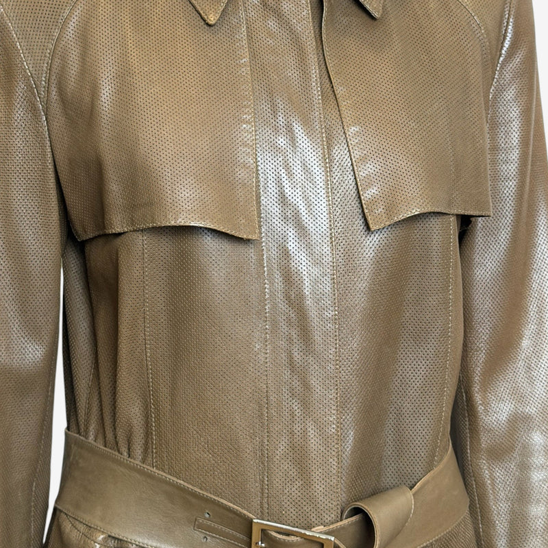 Gucci by Tom Ford F/W 2002 Brown Perforated Leather Belted Trench Coat