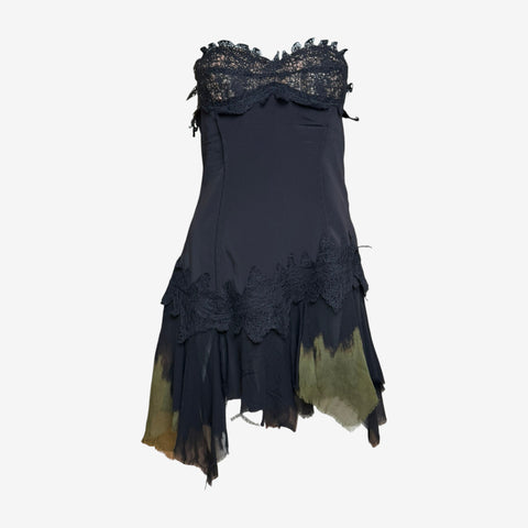 Versace F/W 2003 Strapless Silk Mini Dress with Lace Trim