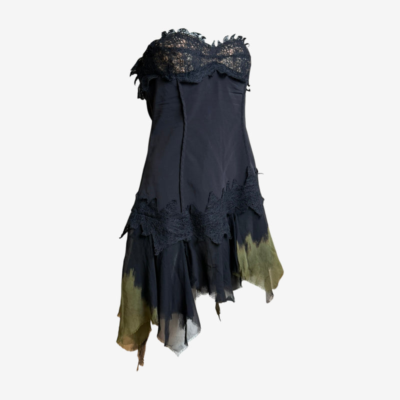 Versace strapless dress, detail of organic botanical lace appliqué and silk panels