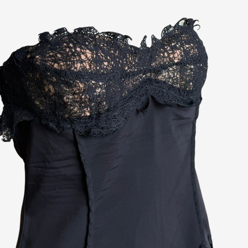Navy to olive green asymmetrical hemline, layered silk construction with lace detail