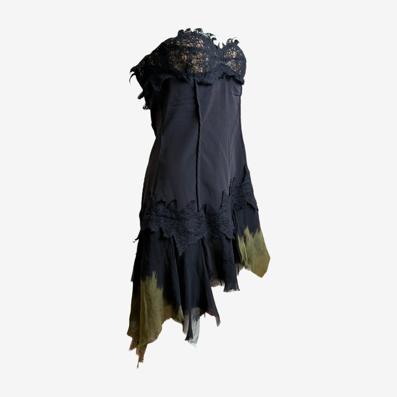 Strapless bodice with internal boning, navy silk with black lace mid-body appliqué