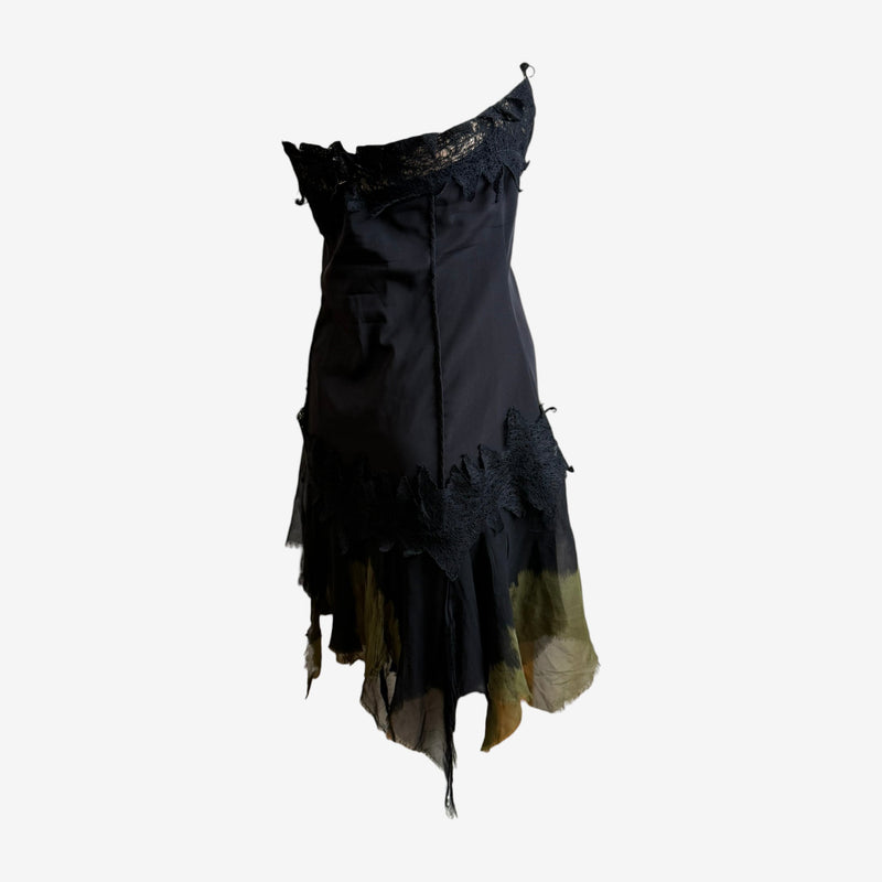 Versace dress detail, graduating hemline from navy to olive green and cream silk