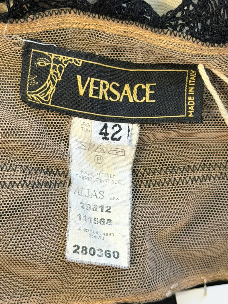 Full length view, Versace F/W 2003 strapless mini dress with dimensional lace trim