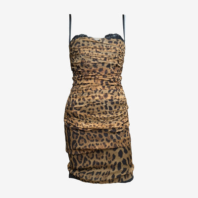 Dolce & Gabbana S/S 2005 Leopard Print Silk Ruched Bustier Dress