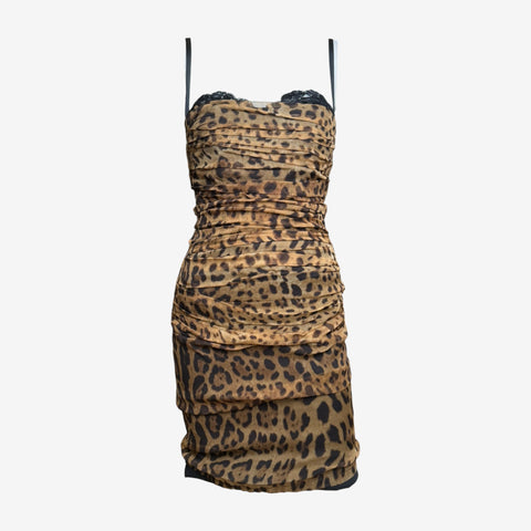 Dolce & Gabbana S/S 2005 Leopard Print Silk Ruched Bustier Dress