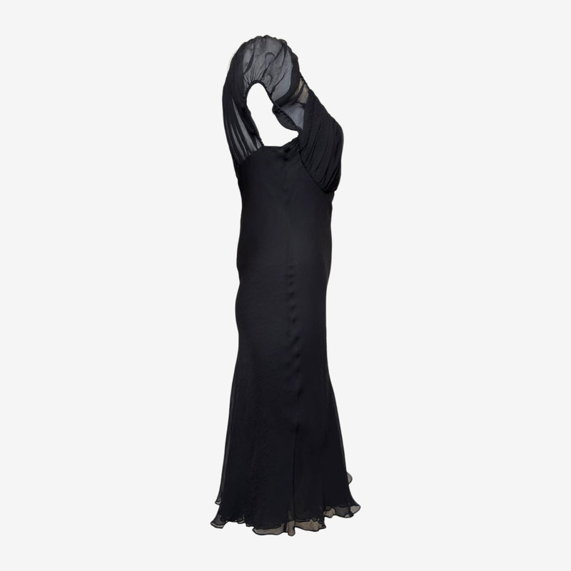 Gucci by Tom Ford S/S 2000 Black Ruched Sheer-Bodice Midi Dress
