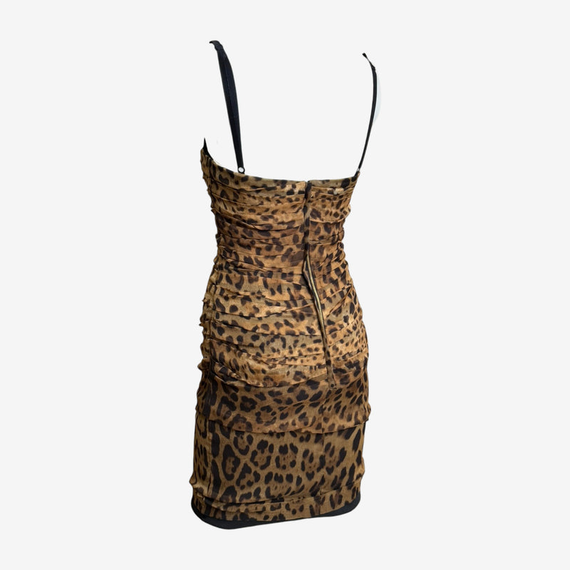 Side profile of leopard print silk bustier dress by Dolce & Gabbana with horizontal texture