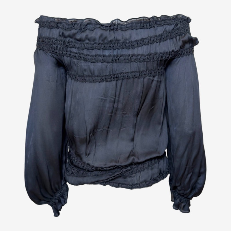 Yves Saint Laurent by Tom Ford F/W 2001 Black Silk Smocked Off-Shoulder Blouse