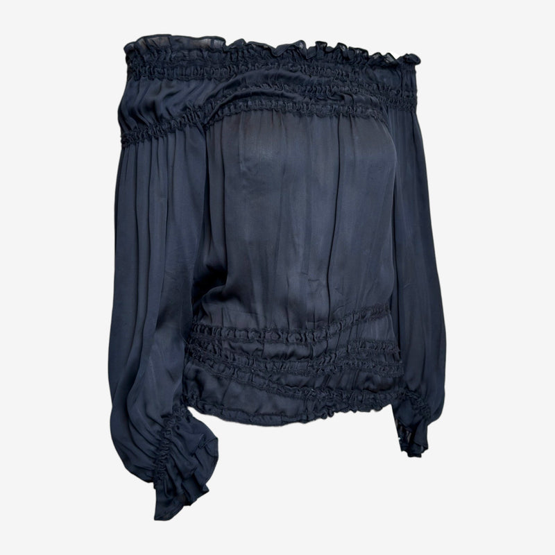 Yves Saint Laurent by Tom Ford F/W 2001 Black Silk Smocked Off-Shoulder Blouse