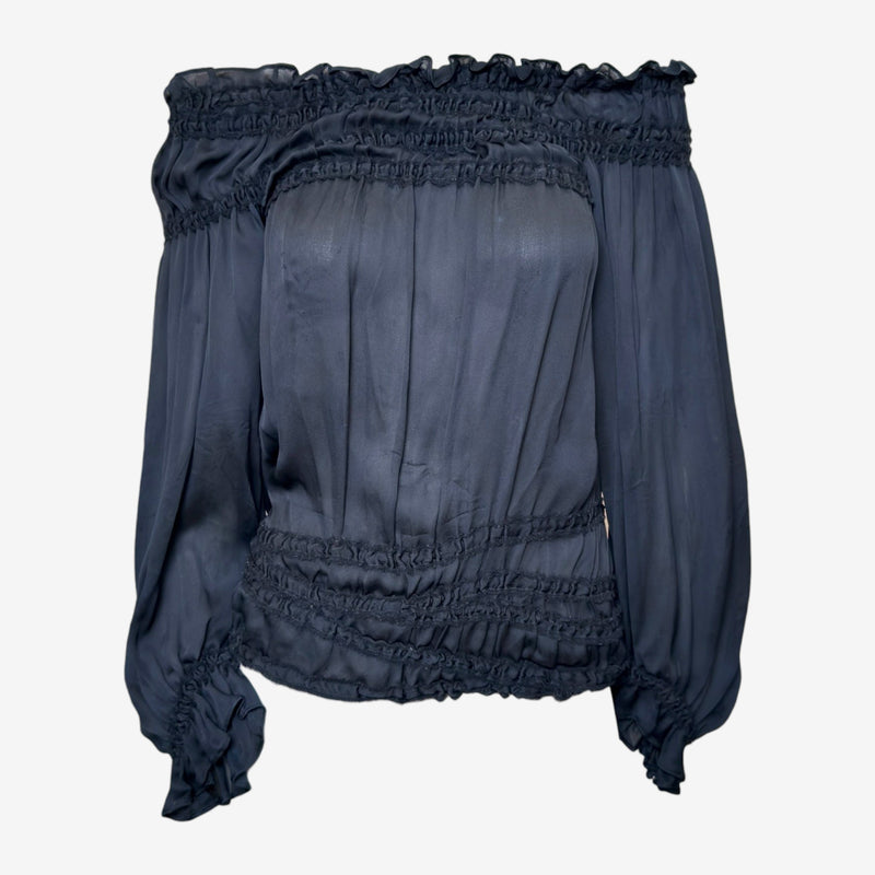 Yves Saint Laurent by Tom Ford F/W 2001 Black Silk Smocked Off-Shoulder Blouse