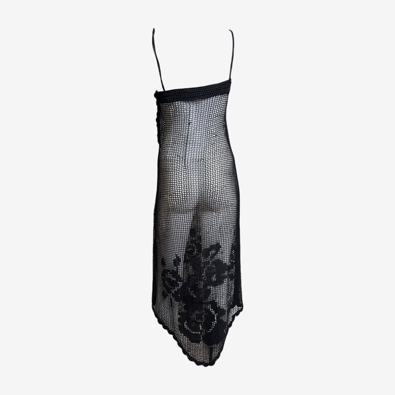 Black crochet mesh slip dress by Dolce & Gabbana, detail of side seaming and fit