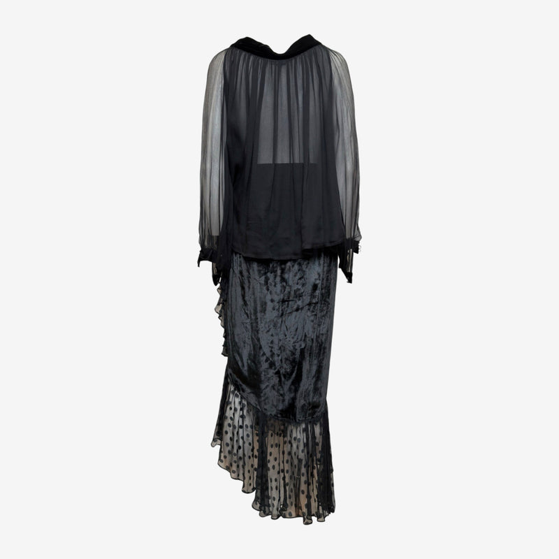 Saint Laurent F/W 1978 Black Sheer Velvet Polka-Dot Ruffled Midi Skirt And Top Ensemble