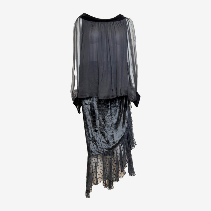 Saint Laurent F/W 1978 Black Sheer Velvet Polka-Dot Ruffled Midi Skirt And Top Ensemble