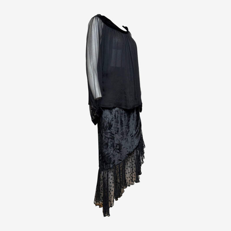 Saint Laurent F/W 1978 Black Sheer Velvet Polka-Dot Ruffled Midi Skirt And Top Ensemble