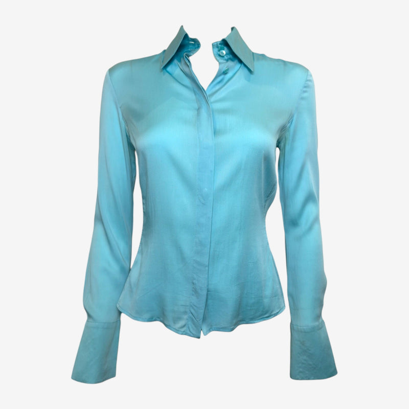 Gucci S/S 2001 Aqua Blue Satin-Finish Fitted Shirt